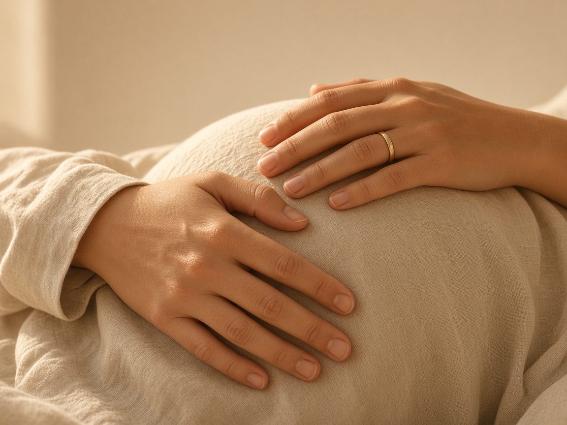 A partner's hand resting tenderly on a pregnant woman's hands on her belly